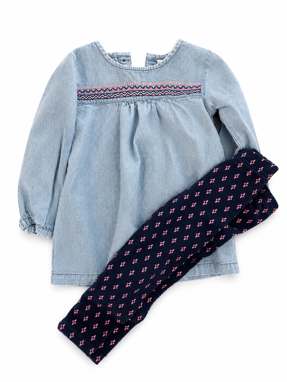 Girls Carters Light Blue Denim-Look Top & Navy Patterned Legging Pajama Set